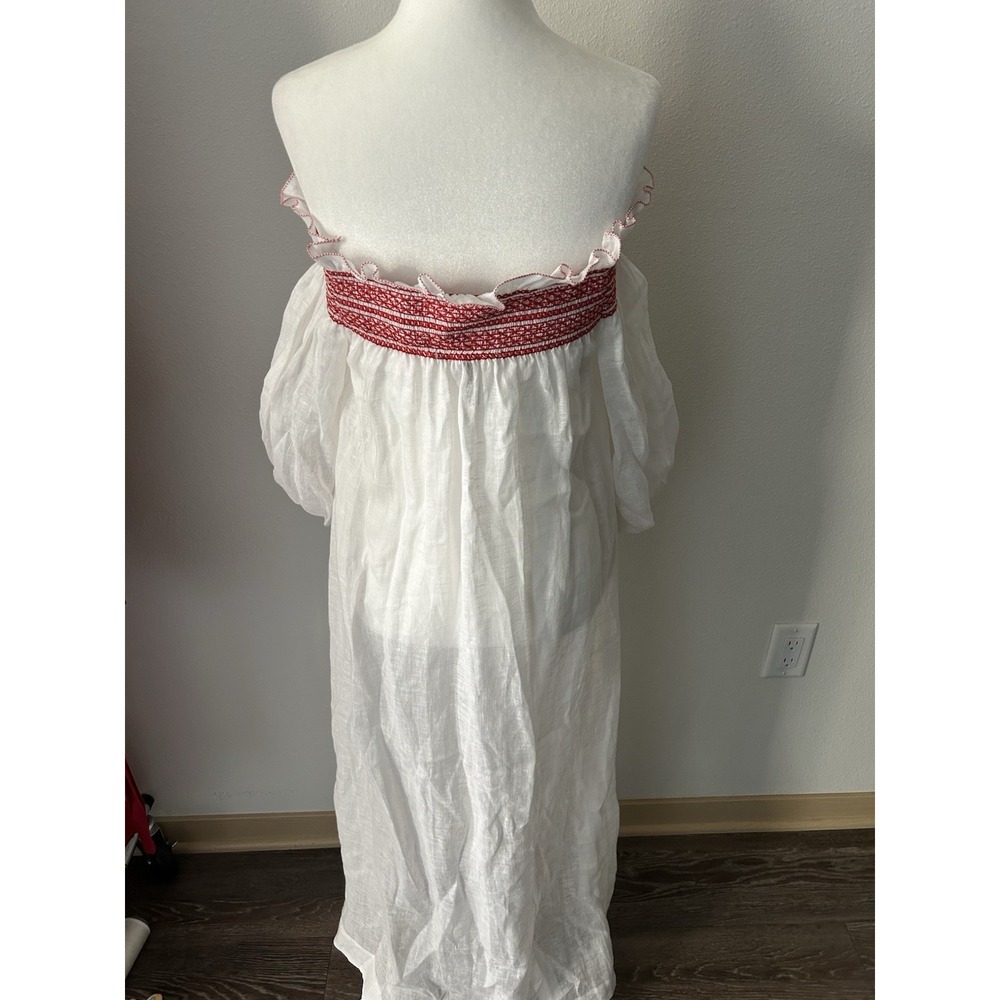 Lisa Marie Fernandez Off Linen Red Embroidered Dress Cottagecore Luxury Farm - Picture 4 of 7